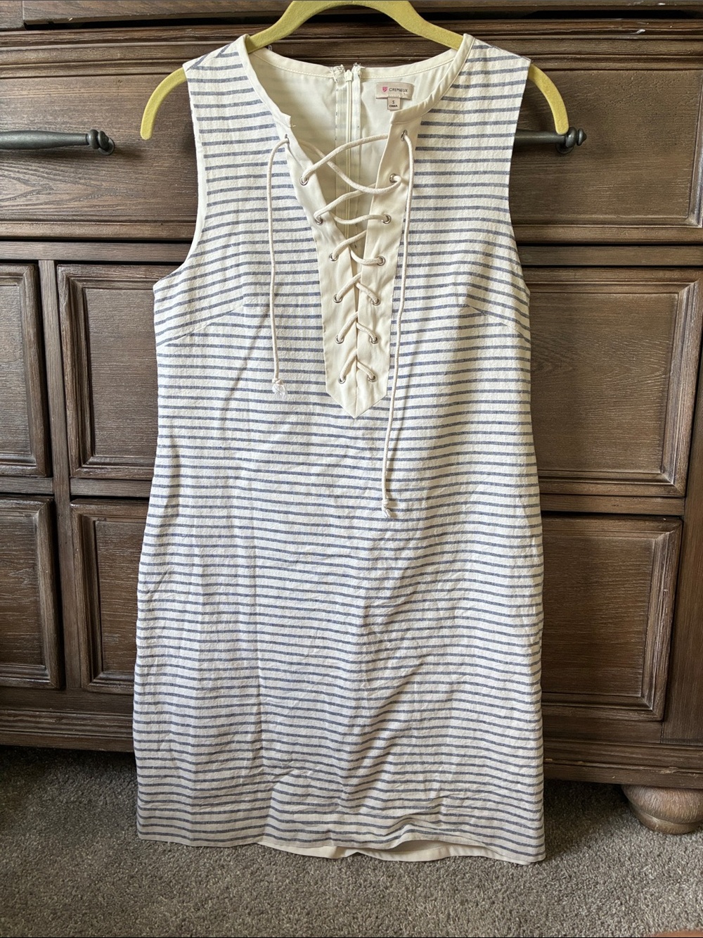 Daniel Cremieux Cream and Navy Lace-Up Striped Shift Dress